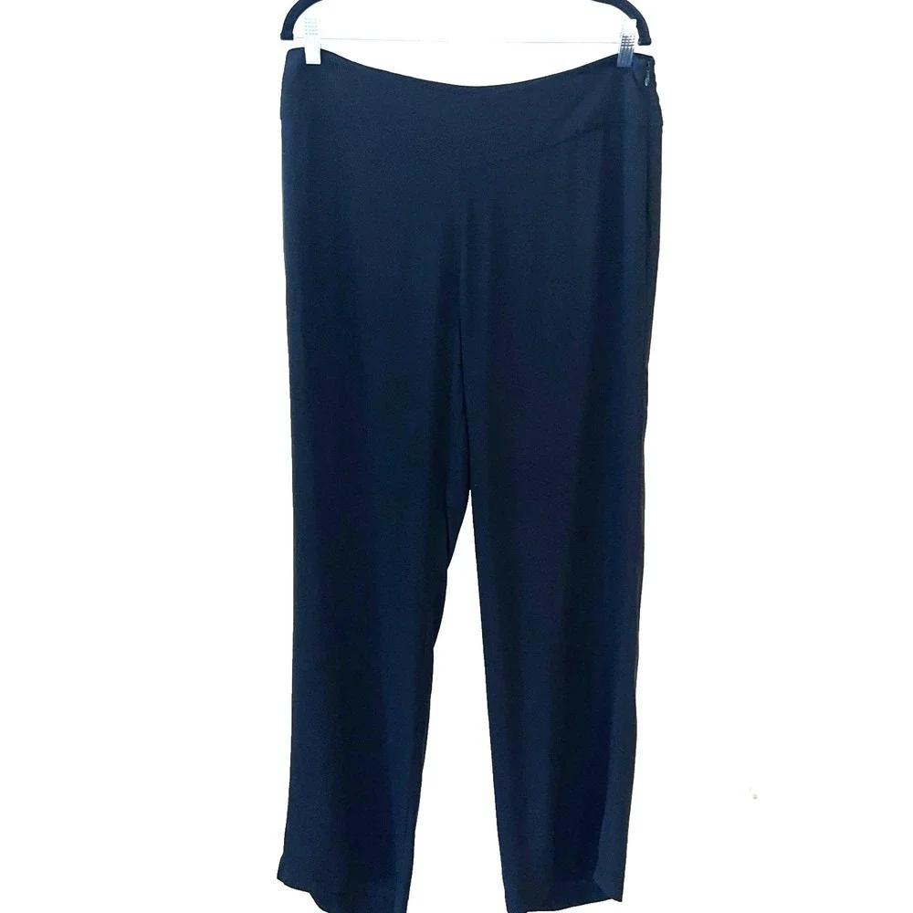 Eileen Fisher Silk Georgette Crepe Straight Pant Womens Size Medium Black